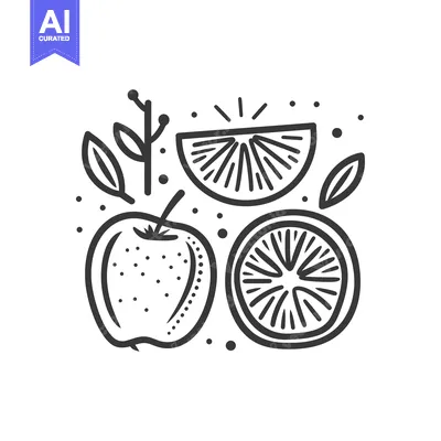 Aset desain premium: Line Art Illustration of an Apple and Two Slices of Orange with Leaves