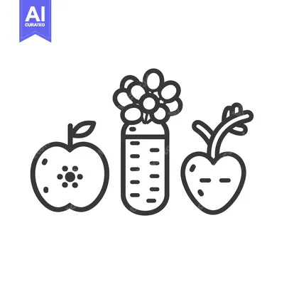 Premium design asset: Line Art Illustration of an Apple, Carrot, and Heart-Shaped Fruit