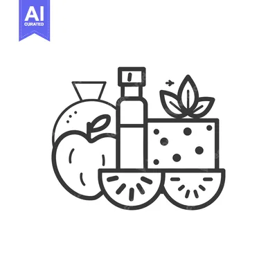 Aset premium populer: Line Art Illustration of an Apple, Kiwi, and a Bottle with Leaves