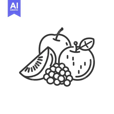 Aset desain premium: Line Art Illustration of an Apple, Kiwi, and Grapes