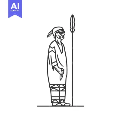Aset desain premium: Line art illustration of a Native American warrior holding a spear