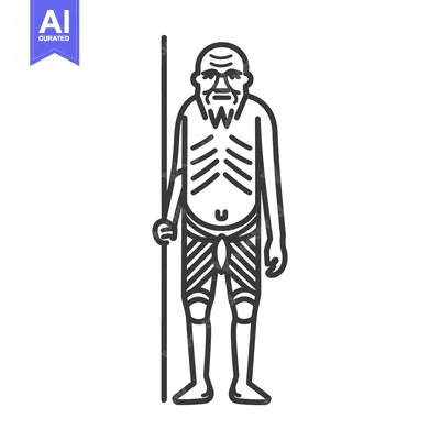 Line Art Illustration of an Elderly Man Holding a Staff