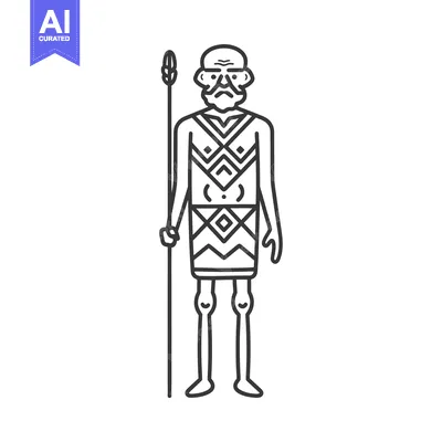 Aset desain premium: Line Art Illustration of an Elderly Man with a Spear