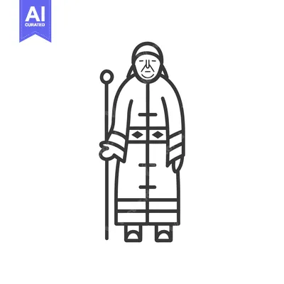 Aset desain premium: Line Art Illustration of an Elderly Person in Traditional Clothing Hol