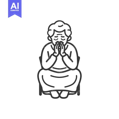Line art illustration of an elderly person sitting and praying