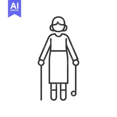 Aset desain premium: Line art illustration of an elderly woman walking with a cane