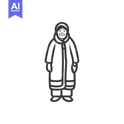 Popular premium asset: Line Art Illustration of an Elderly Woman Wearing a Long Coat