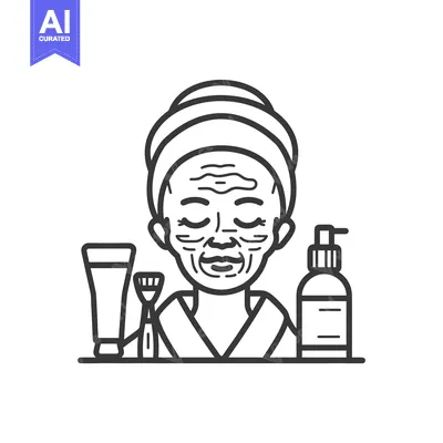 Line Art Illustration of an Elderly Woman with Wrinkles Using Skincare