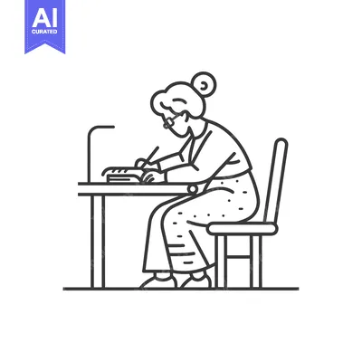 Premium design asset: Line art illustration of an elderly woman writing at a desk