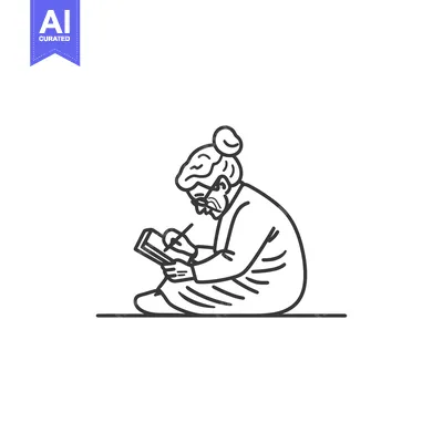 Line Art Illustration of an Elderly Woman Writing in a Notebook