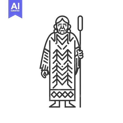 Aset desain premium: Line art illustration of an indigenous person wearing traditional clot