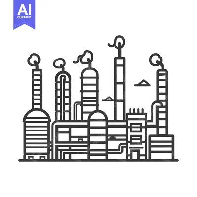 Aset desain premium: Line art illustration of an industrial factory with smokestacks