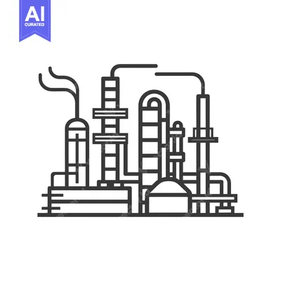 Premium design asset: Line Art Illustration of an Industrial Refinery with Smoke Stacks