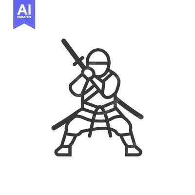 Aset desain premium: Line art illustration of a ninja warrior holding a sword