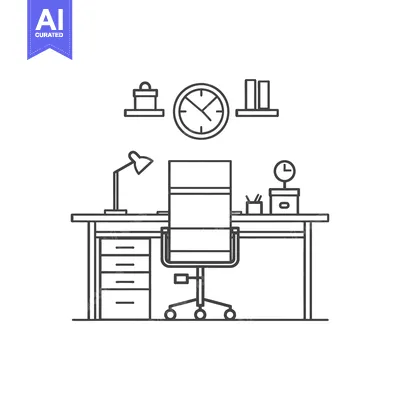 Aset desain premium: Line Art Illustration of an Office Desk with Chair and Accessories