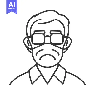 Aset premium populer: Line art illustration of an older man wearing a face mask and glasses