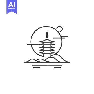 Aset desain premium: Line Art Illustration of a Pagoda with a Moon and Mountains