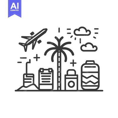 Premium design asset: Line art illustration of a palm tree with travel icons