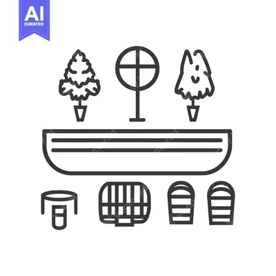 Aset desain premium: Line Art Illustration of a Park with Trees, a Bench, and Other Feature
