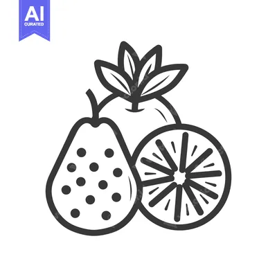 Aset desain premium: Line Art Illustration of a Pear, an Orange, and a Kiwi