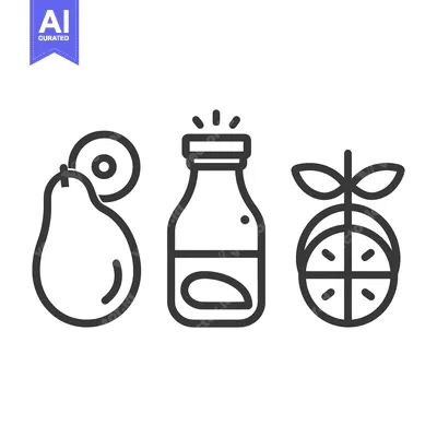 Aset desain premium: Line Art Illustration of a Pear, Bottle, and Orange