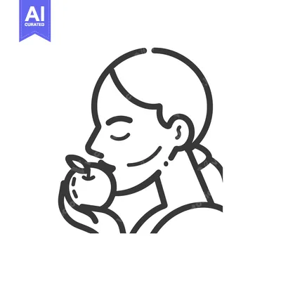 Aset desain premium: Line art illustration of a person eating an apple
