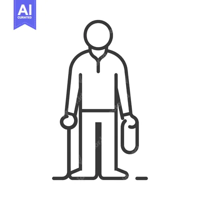 Aset desain premium: Line art illustration of a person holding a cane and a bag