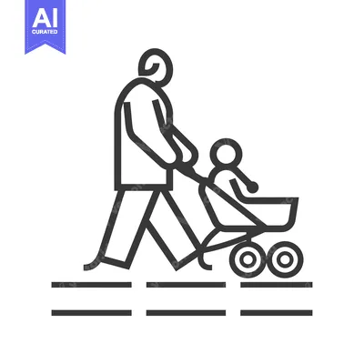 Aset desain premium: Line art illustration of a person pushing a stroller