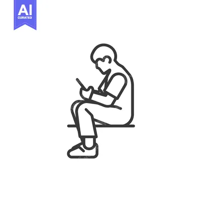 Aset desain premium: Line Art Illustration of a Person Sitting and Using a Tablet