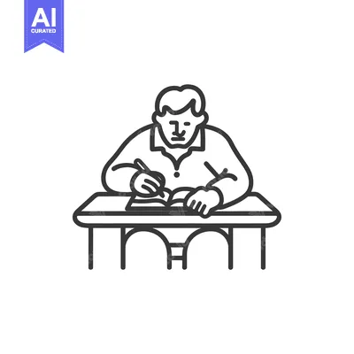 Popular premium asset: Line art illustration of a person sitting at a desk writing in a noteb