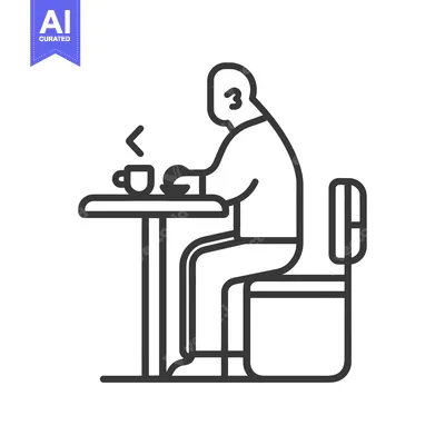 Aset desain premium: Line art illustration of a person sitting at a table with a cup and a