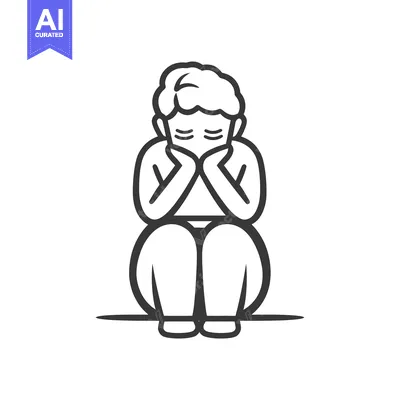 Aset desain premium: Line Art Illustration of a Person Sitting with Arms Crossed and Head D