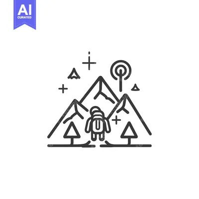 Popular premium asset: Line art illustration of a person standing between mountains, with tre