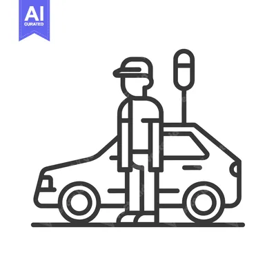 Aset desain premium: Line art illustration of a person standing next to a car