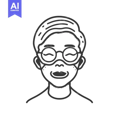 Aset desain premium: Line Art Illustration of a Person Wearing Glasses and Smiling
