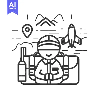 Aset premium populer: Line Art Illustration of a Person with a Backpack Traveling to Mountai