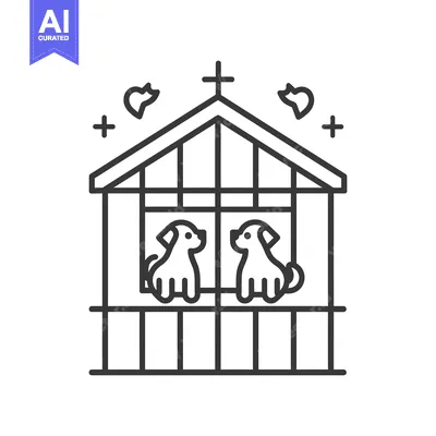Premium design asset: Line Art Illustration of a Pet Shelter with Two Dogs Inside