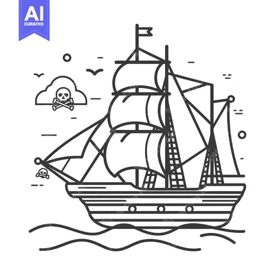 Aset premium populer: Line Art Illustration of a Pirate Ship Sailing on the Sea