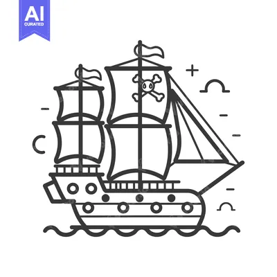 Premium design asset: Line Art Illustration of a Pirate Ship with a Skull and Crossbones Fla