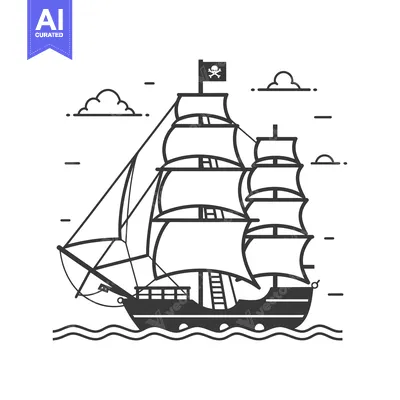 Aset desain premium: Line art illustration of a pirate ship with a skull and crossbones fla
