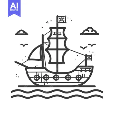 Premium design asset: Line Art Illustration of a Pirate Ship with Two Flags and Birds Flying