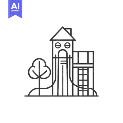 Premium design asset: Line Art Illustration of a Playground Slide with a Tree