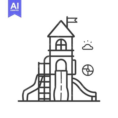 Aset desain premium: Line art illustration of a playground tower with slide and ladder
