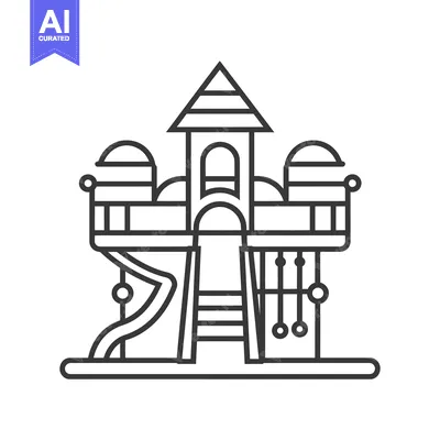 Line Art Illustration of a Playground with Slide and Swingset