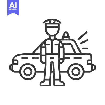 Premium design asset: Line art illustration of a police officer standing in front of a polic