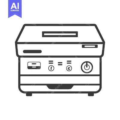 Line art illustration of a printer with a power button, tray, and othe