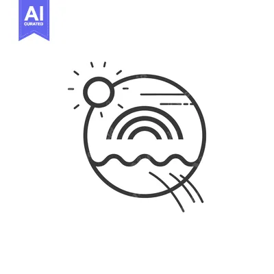 Aset desain premium: Line Art Illustration of a Rainbow, Sun, and Water Waves in a Circle