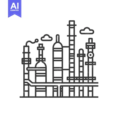 Premium design asset: Line art illustration of a refinery with smoke and clouds