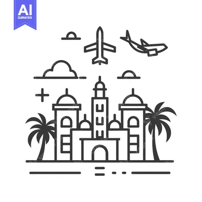 Aset premium populer: Line Art Illustration of a Resort Hotel with Palm Trees and Airplanes