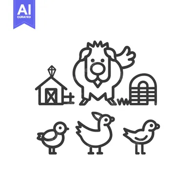 Premium design asset: Line art illustration of a rooster, chickens, a barn, and a coop